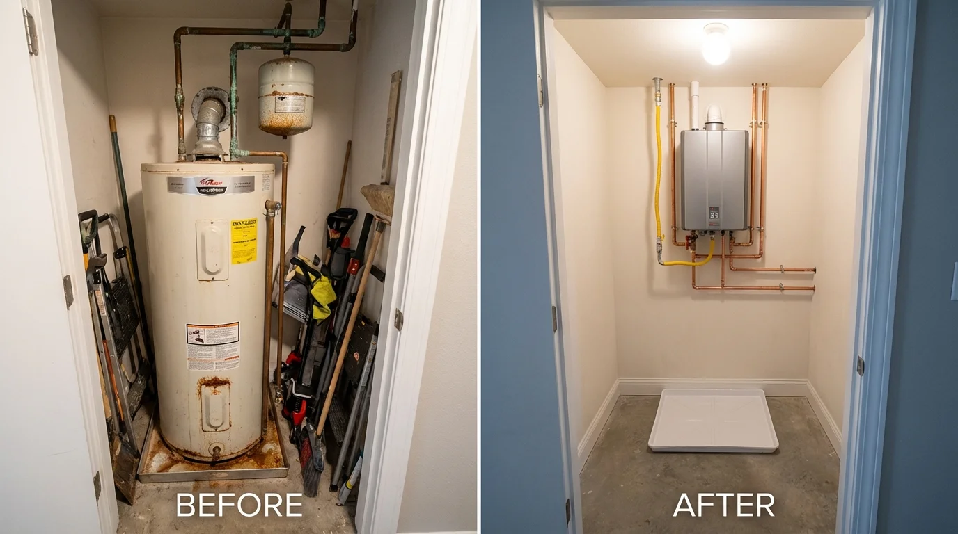 Tank water heater versus wall-mounted tankless unit comparison for Middleton, MA homeowners