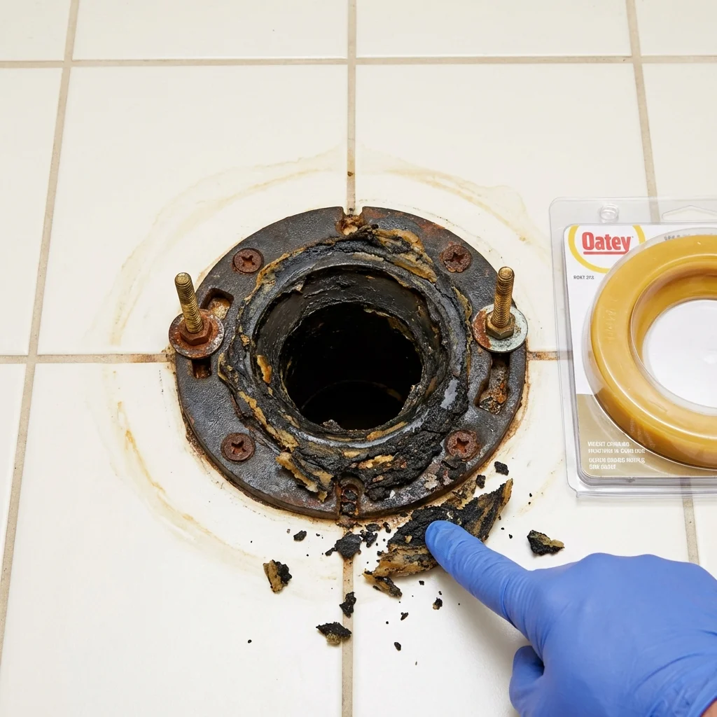 Failed wax ring showing water seepage at the base of a toilet in a Middleton, MA home
