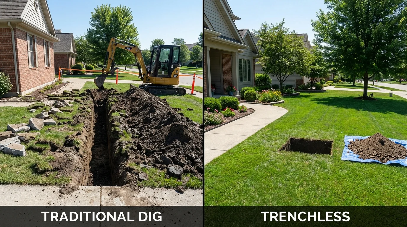 Trenchless sewer repair with minimal yard damage versus traditional excavation in Middleton, MA