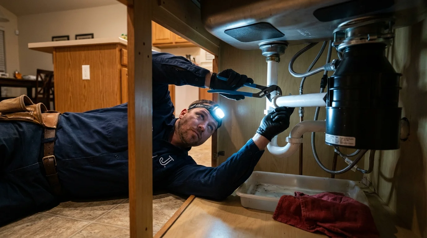 P-trap and supply line connections under a kitchen sink showing a common leak point in Middleton, MA